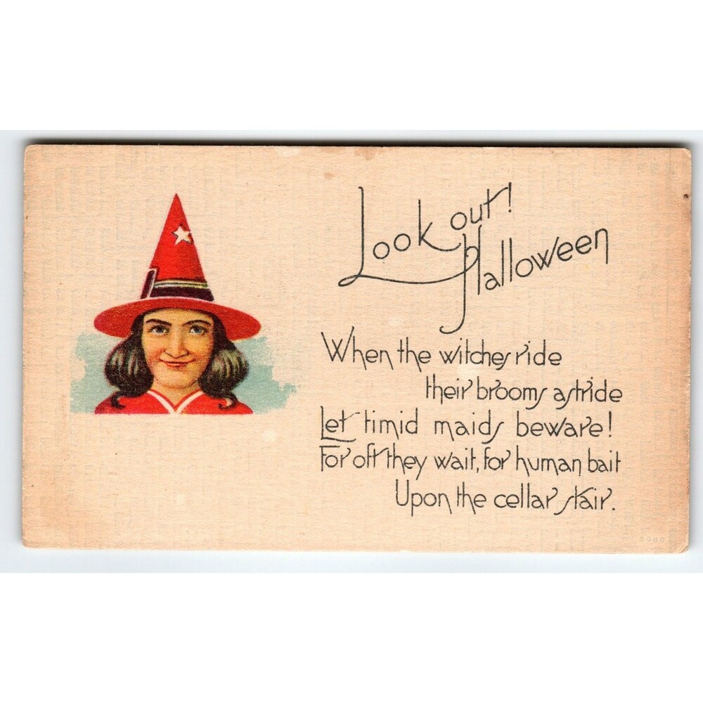 Vintage 1907-1915 Look Out! Halloween Witch Lithograph Postcard Divided Back